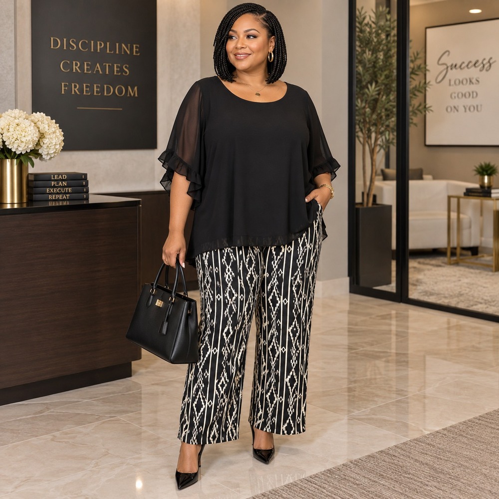8. XL Set Vofoly Roz & Ali Black Ruffle Blouse & Cream Wide Leg Pants Office